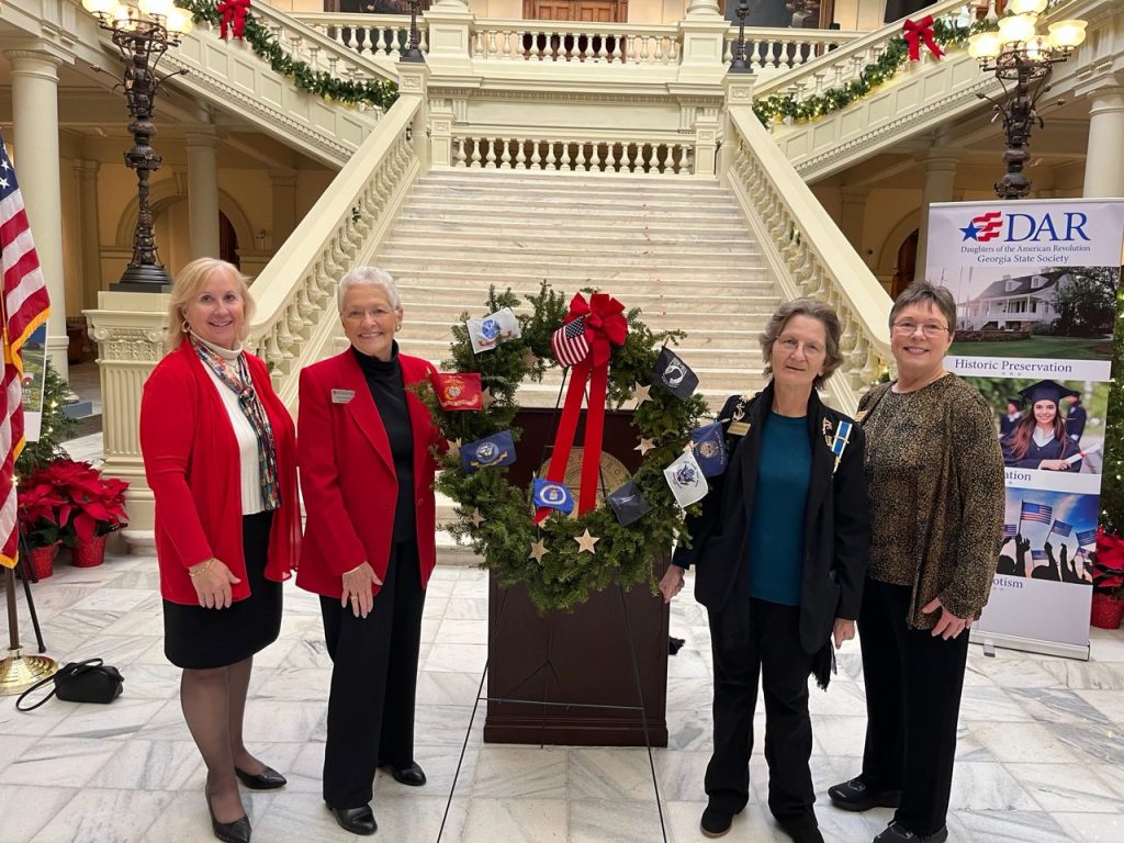 Wreaths Across America Honors Service with Patricia Hein, Organizing/Honorary Chapter Regent; Donna Rowe, President & CEO Cobb Veterans Memorial Foundation; Betty Westbrook, DAR Service for Veterans Chapter Chair; Jane Bentley, Chapter Registrar